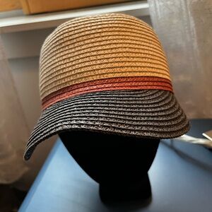 Women's Striped Straw Bucket Hat in Tan, Rust & Black